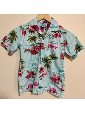 🌸Vintage RJC Boys Hawaiian Shirt Size 8 Blue Pink Floral 100% Cotton Button-Up